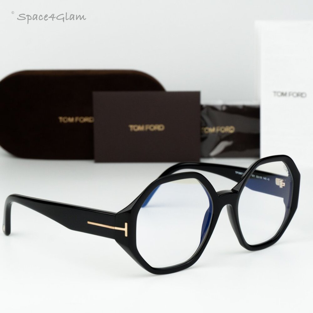 Tom Ford Woman Eyeglasses Black Blue Block Round FT5967-B 001 NEW AUTHENTIC